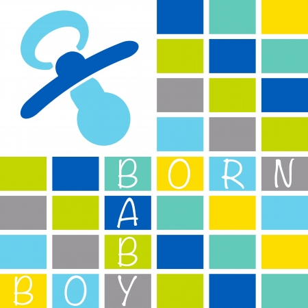 Baby newborn greeting card with the text Baby Boy Born on a block pattern of blue, green, yellow and grey shadesのイラスト素材