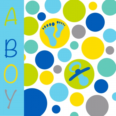 Baby newborn birth announcement card for a boy with blue, grey, purple and yellow circles with baby feet and a dummyのイラスト素材