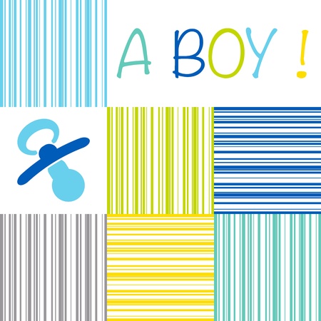 Baby birth announcement card with the text A Boy on a striped pattern of blue, green, yellow and grey shades and a pacifierのイラスト素材