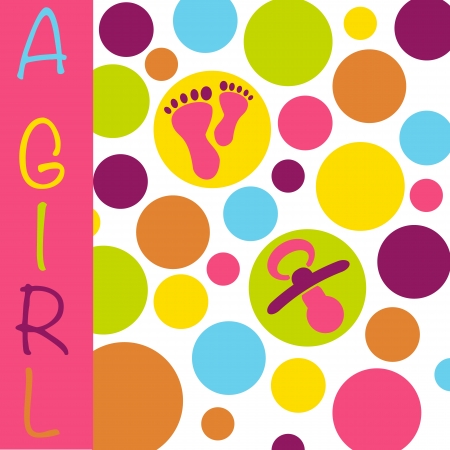 Baby birth announcement card with the text A Girl on a bubble pattern of pink, yellow, purple, orange, blue and green and with baby feet and a pacifierのイラスト素材