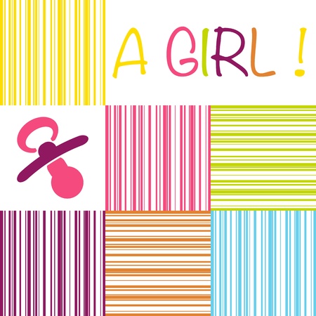 Baby birth announcement card with the text A Girl on a striped pattern of pink, yellow, orange, blue and purple shades and a pacifierのイラスト素材