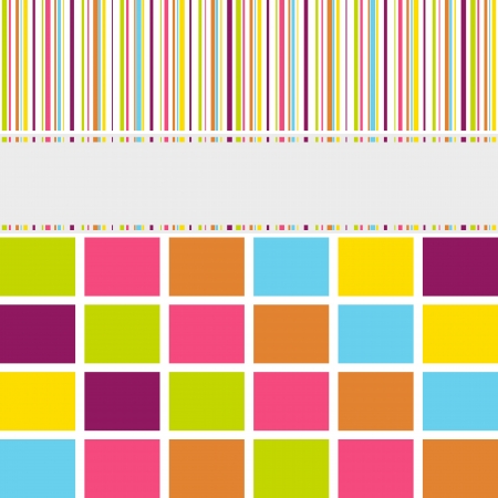 Greeting card background with symmetrical stripes, lines and blocks in pink, orange, blue, yellow, green and grey shades to be used for birth announcement, birthday, seasonal greetings, announcements and so onのイラスト素材