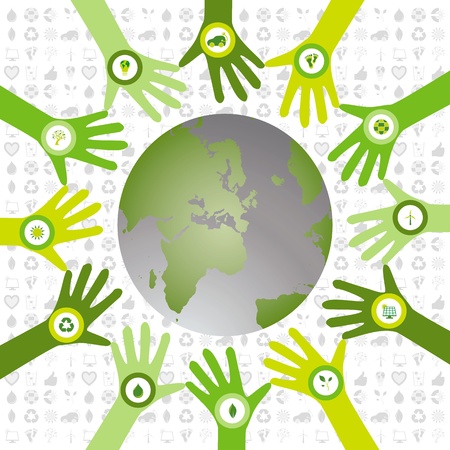 Set of hands in a circle pattern and filled with bio icons waiving to a green environmental and sustainable worldのイラスト素材