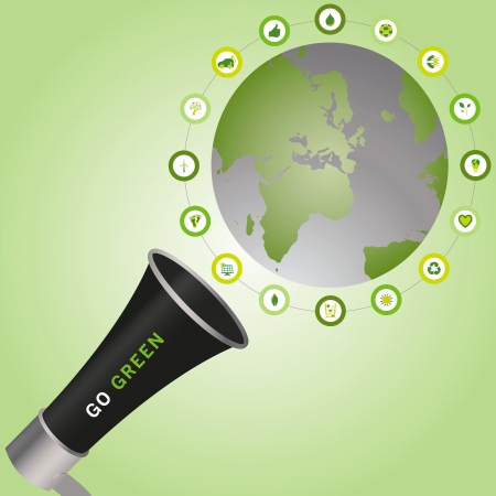 Megaphone calling for Go Green to make a sustainable and eco friendly world that is surrounded with bio iconsのイラスト素材