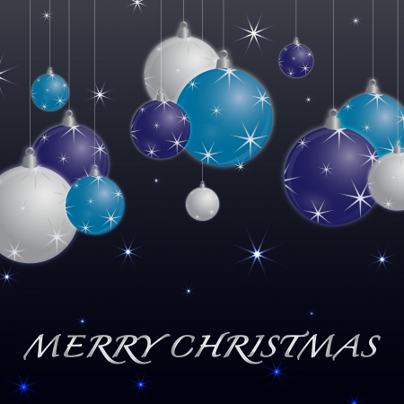 Seasonal background for new year and christmas decorated with three christmas balls in white, blue and purple on a dark background filled with stars and snowflakesのイラスト素材