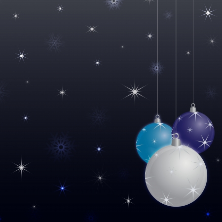 Seasonal background for new year and christmas decorated with three christmas balls in white, blue and purple on a dark background filled with stars and snowflakesのイラスト素材