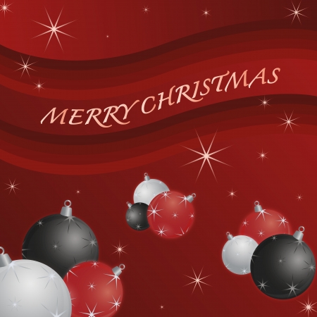 Seasonal background for new year and christmas decorated with a number of hristmas balls in white, red and black on a red background filled with stars and snowflakesのイラスト素材