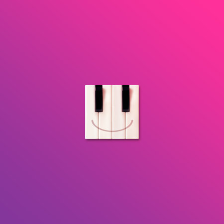 Creative emoticon made of piano keys on vibrant, pink purple gradient background. Aesthetic, abstract, positive emotion music concept. Happy face emoji idea. Minimal flat lay 3D illustration.の写真素材