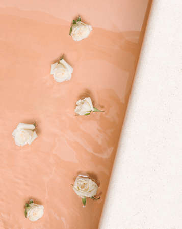 Summer scene with white sunlit rose flowers in the water and white marble floor. Luxury nature...