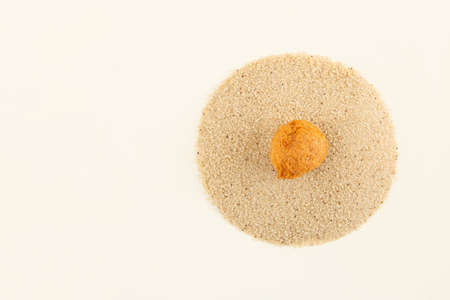 Sandy texture circle made of ancient cereal fonio millet gluten free  whole grain with fonio fritter ball in the middle, on a pastel beige background. Minimal organic natural healthy food flat lay card note concept.の写真素材