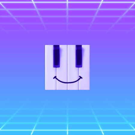 Minimal vaporwave or cyberpunk abstract music scene with creative emoticon made of piano keys on vibrant, purple and blue gradient background with perspective grid. Happy face emoji 3D illustration.の写真素材