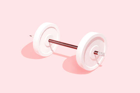 White dumbbells and pencil with eraser against pastel pink background. Writing and drawing school exercises idea. Minimal abstract concept.の写真素材