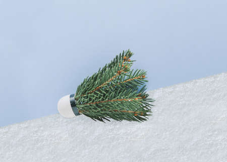 2022. Abstract New Yearâ€™s scene with badminton ball made of Christmas tree branches isolated...