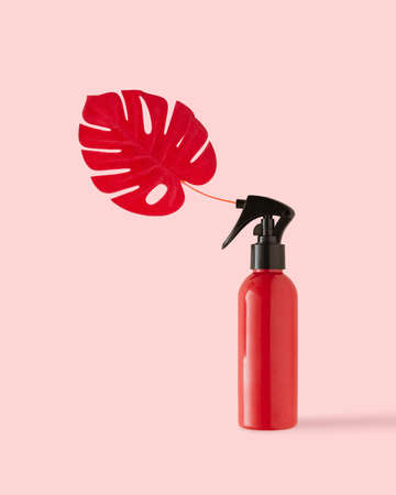 Minimal conceptual composition of a red spray bottle and a leaf of tropical climbing plant monstera isolated on a pastel pink background. Aesthetic abstract nature card. Spring or summer care concept.の写真素材