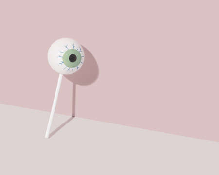 Minimal abstract creative scene with lollipop made of eyeball leaning against powder pink wall on isolated pastel beige background. Concept of watching and control. Funny creative card for Halloween.の写真素材