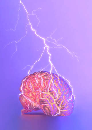 Lighting strikes glowing brain on isolated neon purple-pink gradient background. Cyberspace surreal...