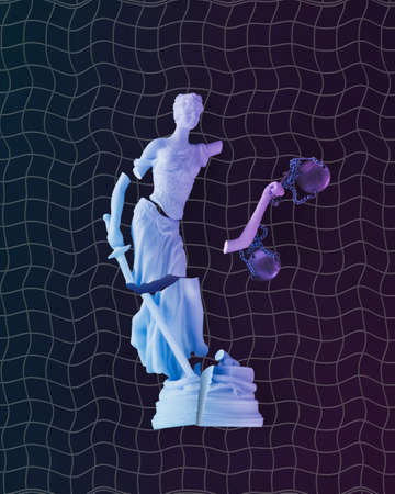 Broken statue of Lady Justice on isolated dark background with a zig-zag recessed net. Blue and purple neon lighting effects. Minimal dystopian creative vaporwave concept. Injustice idea and symbol.の写真素材
