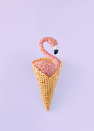 Minimal summer composition with flamingo standing in in ice cream cone on isolated pastel purple...