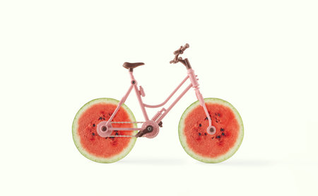 Bicycle with wheels made of watermelon slices on isolated pastel white background. Minimal abstract summer fruit concept. Creative idea of healthy organic vegetarian food delivery.の写真素材