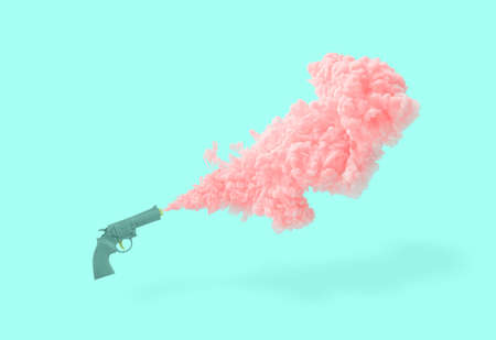 Minimal abstract funny scene made of gun and coral-pink liquid color on isolated, vibrant turquoise-blue color background. Invitation card idea. Vaporwave party creative concept.の写真素材