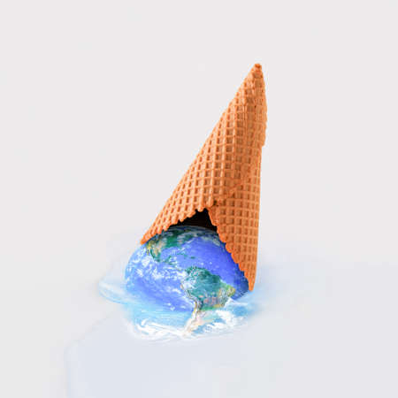 Planet Earth dripping from overturned ice cream cone on beige background. Minimal abstract dystopian...