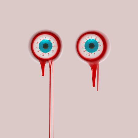 A powder beige wall with creepy bleeding witchâs eyeballs. Isolated background. Scary, abstract, Halloween party shocking concept. Invitation, gift card or greeting card idea.の写真素材