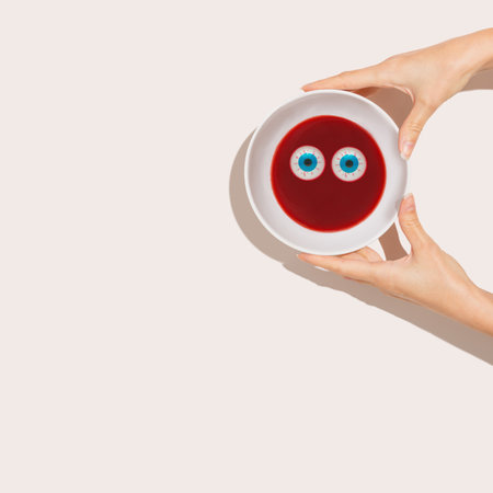 Female hands holds bowl of dark red jelly with eyeballs. Isolated pastel beige background. Abstract funny Halloween holiday concept. Minimal flat lay. Happy face emoticon.の写真素材