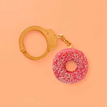 Coral-pink donut as part of golden handcuffs on isolated pastel orange background. Sugar or sweets addiction. Minimal aesthetic abstract flat lay. Unhealthy eating habits concept.の写真素材