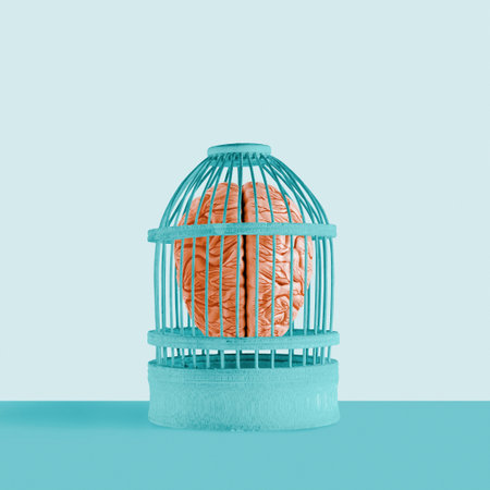 Minimal 3D illustration with human brain locked in cage on isolated pastel turquoise-blue...