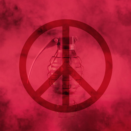 Anti-war vaporwave or cyberpunk 3D illustration with bomb crossed out with peace symbol on foggy, dark, bold red background. Concept of stopping ukraine russia war and violence.の写真素材