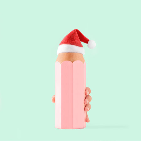 Child's hand holds pink pencil with red Santa Claus cap on isolated pastel green background. Christmas party concept. Minimal abstract handwriting or drawing school Xmas card.の写真素材