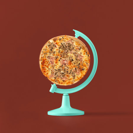 Globe stand with whole pizza on isolated maroon colored background. Minimal abstract creative concept of traditional Italian baked food. Creative card for restaurant or pizzeria.の写真素材