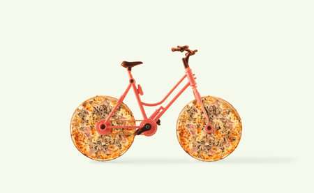 Bicycle with wheels made with whole pizzas on isolated pastel background. Minimal abstract concept of Pizzeria or food delivery. Traditional Italian baked food kitchen card.の写真素材