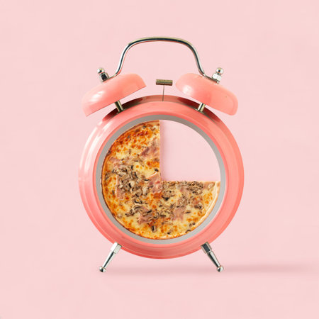 Slice of pizza in a coral pink alarm clock on isolated pastel background. Eating  time. Minimal creative wallpaper. Pizzeria or restaurant card. Fast food catering concept.の写真素材