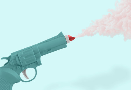 Minimal abstract funny scene made with gun, red lipstick and pale-pink smoke on isolated pastel blue color background. Creative concept of love troubles or quarrel.の写真素材