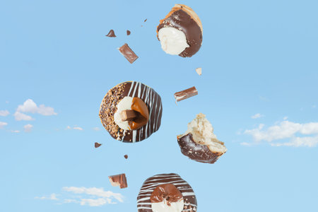 Pieces of chocolate donuts falling against isolated pastel background of a blue sky. Abstract...
