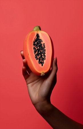 A black woman's hand holds a halved, fresh, ripe papaya fruit against orange-bold red background. Minimal summer concept of exotic, raw food. Generated by artificial intelligence.の素材