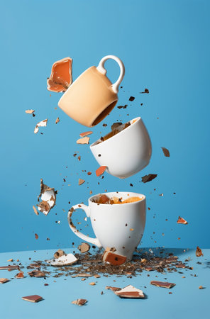 Cups of coffee with broken pieces floating on isolated pastel blue background. Aesthetic dynamic concept of mess and motion. Generated by artificial intelligence.の素材