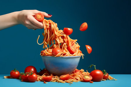 Kitchen playful scene with female hand throwing pasta into bowl of tomato sauce on dark blue background with floating tomatoes. Food concept. Generated by artificial intelligence.の素材
