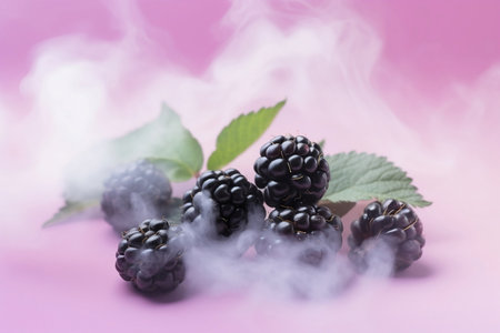Minimal summer fruit scene with blackberries on a pink background with white smoke. The concept of healthy eating. Raw food idea. Generated by artificial intelligence.の素材