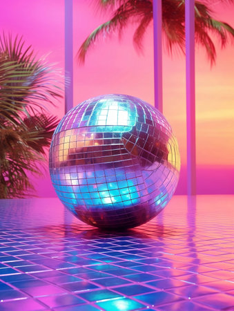Disco ball on the beach and purple pink lights. Background with palm trees. Vacation concept, summer party idea, synthwave or vaporwave style. Generated by artificial intelligence.の素材
