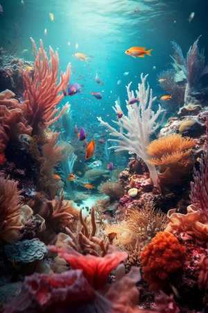 A diverse underwater world with colorful shoals of tropical fish in front of a coral reef. The concept of diving and active summer vacation. Generated by artificial intelligence.の素材