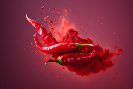 A powerful explosion of red dust floating with red hot chili peppers on a maroon background. Gourmet hot spices. Organic healthy plant food. Hipster concept. Source of capsaicin.の素材