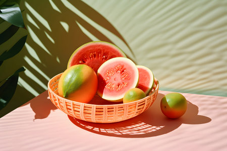 Watermelon and citrus fruits in a wicker basket on a pastel pink table against green background with a tropical leaf shadow. Colorful summer composition. Organic food concept.の素材
