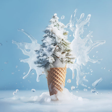 Ice cream cone with christmas tree in frozen water splash on isolated festive pastel blue background. Xmas greeting or gift card. 2024. New Year. Creative winter holidays concept.の素材