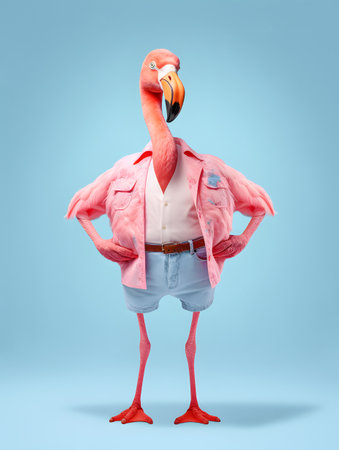 Minimal summer scene with flamingo in pink shirt and shorts on isolated pastel blue background. Funny fashion idea or holiday or leisure concept.の素材