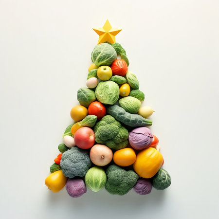 Creative Christmas tree made of vegetables on isolated pastel background, top view. Raw food card. Abstract concept of New Year's nutrition trends. Healthy food. Minimal flat lay.の素材