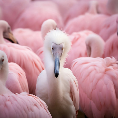 White flamingo bird surrounded with crowd of pink flamingos. Outdoor nature wildlife tropical summer scene. Abstract concept of diversity or equality. Ornithology card.の素材