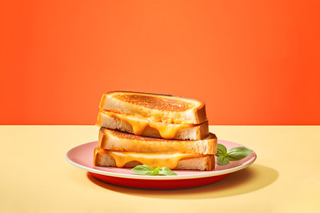 Homemade toasted bread with cheese and basil leaves on isolated bold orange and pastel yellow background with shadows. Minimal concept of food or culinary.の素材