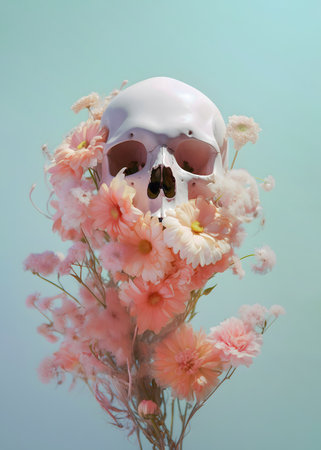 Skull with pink flower bouquet on isolated pastel blue background. Abstract spooky concept of Halloween, Santa Muerte or Day of the Dead. Abstract creepy blooming card.の素材